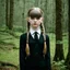 Placeholder: Young elle fanning as Wednesday addams, braids, bangs, in tge woods