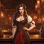 Placeholder: An arrogant looking young woman with pale skin and long brown hair in a fantasy tavern setting with intricate details. She is smirking, a tavern wench, has red eyes, an air of malevolent power surrounds her. High definition.