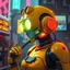 Placeholder: a feminine robot, yellow, dystopia, cyberpunk, neon, post apocalyptic, vintage anime