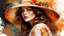 Placeholder: Vintage art, brown and orange shades, sunny day, straw hat for woman, summer dress, splashes of art, in the style of Dante Gabriel Rossetti, Yossi Kotler, Camilla D'Errico, masterpiece, fine art in the style of Carne Griffiths, Paula Hoppe