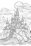 Placeholder: A spooky castle on a hill, surrounded by fog and illuminated by lightning. Outline, sketch style, only use outline, mandala style, clean line art, white background, no shadows, no clear wall, coloring page.