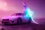 Placeholder: one glowing unicorn in a car in space,nebula in the backround,