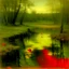 Placeholder: An olive green swamp with fiery orange frogs painted by George Inness