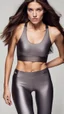 Placeholder: photography of a beautiful anorexic woman, anthracite satin triathlon top, sports illustrated, brunette short wavy bob haircut, pronounced sternum, flat chest, anthracite short leggins