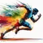 Placeholder: A young athlete running directly at the camera with a ferocious expression. The image is captured in a dynamic watercolor style, showing vibrant colors and smooth brush strokes. Splashes and splashes around the <athlete> suggest his swift movement and wild energy. The case is particularly detailed with bright colors to emphasize its imposing size and the regal presence of the <athlete>.