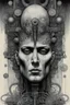 Placeholder: The face of a man with a Indian fathers on head with computer chips and a smoke in the background a thin line draw ، front view camera, decayed and rotting with grotesque proportions and imagery. surreal horror, biomechanical design, by hr giger and beksinski , fine lines draw