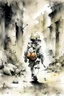 Placeholder: The nightmare small child having a bag pack walks in the streets, at war time , in the street with some soldiers illustration by Stephen Gammell