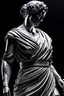 Placeholder: Modern, 2020s, detailed cinematic shot from, realistic cinematic scene, closeup of dressed woman, greek art statue, statue with big cracks, broken statue, gray color, polished marble stone texture, high contrast, detailed, shadows, perfect, intricate, epic, black background, 8k, 3d. , full body shot of showing detailed intricate work, shot in the style of wes anderson and stephen king, oscar winning photography, striking image captures, meticulous attention, stunning costume design