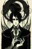 Placeholder: black haired young man necromancer wizard with gothic jewelry and tentacle fingers in the style of Harry Clarke