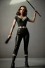 Placeholder: retro portrait image from 1960, explosion, long hair, young Scarlett Johansson, classic black tight lycra suit, metal stick weapon, gold bracelet and belt, high heel boots, soft color, highly detailed, unreal engine 5, ray tracing, RTX, lumen lighting, ultra detail, volumetric lighting, 3d, finely drawn, high definition, high resolution.