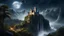 Placeholder: Digital art A castle standing on the edge of a cliff above the forest, fierce, howls to moon, powerful, rage, divine, magnificent, perfect body, fantastic view, storm, high waterfall, night, starry sky, masterpiece, best quality, smooth horizon, concept art, surrealism, 32k resolution, trending on artstation, sharp focus, studio photo, intricate details, highly detailed, by greg rutkowski