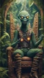 Placeholder: framed book cover illustration, close up portrait of a happy blessed ancient magical scaly slimy weird alien mad max soldier posing for photo shoot on a throne, holding a burning sceptre, in a space alien mega structure with stairs and bridges woven into a sacred geometry knitted tapestry in the middle of lush magic jungle, bokeh like f/0.8, tilt-shift lens 8k, high detail, smooth render, down-light, unreal engine, prize winning