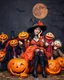 Placeholder: beautiful Asian woman in unique custom fashion witch style Happy Halloween,sitting biggest pumpkin Halloween ,sorrounded by puppets Halloween