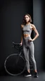 Placeholder: photography of a beautiful anorexic woman, grey satin triathlon top, brunette wavy bob haircut, pronounced sternum, flat chest, grey satin cycling leggins