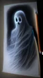 Placeholder: pencil drawing of a ghost. Spooky, scary, halloween, colored pencils, realistic, black paper