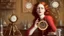 Placeholder: Victorian red long hair woman leaning over a desk, working on a tiny clockwork machine, while looking through a magnifying glass, in a dark laboratory, full of devices and machines