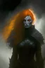 Placeholder: Dark Paladin, orange hair, orange eyes, standing in mists, Female, dark art