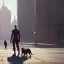 Placeholder: a man travels to city with a dog