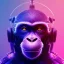 Placeholder: A beautiful portrait of a cyborg monkey purple neon color scheme, high key lighting, volumetric light high details psychedelic background