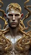 Placeholder: photo realistic youthful male Dryad , handsome, shaved head, cheek bones, soft gold eyes, great physique, full body, octane render, filigree, raised detail, shiny metalics, high resolution, insane details, realism, shiny 3d intricate octopus bracelets, shiny 3d intricate octopus necklace, textured, raised details, shiny metalics, radiant, faberge style, very detailed, shadows, backlit, depth of field, 8k