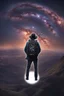 Placeholder: Supernova overlooking a city in the Milky Way galaxy with a person wearing a hat and a backpack with the Shift logo on it