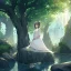 Placeholder: anime girl meditating, rock trees, birds, creek, meditation pose, girl wearing white dress, rear facing