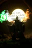 Placeholder: speech buble saying "I am not a child anymore" Haraberget big fast killer glowing ball demi-lich in background, magic swirl, strong winds, true grit, reggae rasta native stand off fast draw poncho cowboy wizard on knees hurt punching green and blue fire ball whip while taking sight wand slinger, in dark cave ,bokeh like f/0.8, tilt-shift lens 8k, high detail, smooth render, down-light, unreal engine