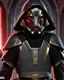 Placeholder: star wars bald male corellian jedi wearing gunmetal grey and black old republic armored flightsuit and breath mask with gold and metallic red trim inside the jedi temple, centered head and shoulders portrait, hyperdetailed, dynamic lighting, hyperdetailed background, 8k resolution, volumetric lighting, light skin, fully symmetric details