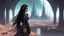 Placeholder: skinny sci-fi girl with long dark hair on an alien planet with tall spires, buildings, bridges, and arches