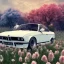 Placeholder: voiture blanche dans un champs de fleur, chrome, synthwave, Concept Art, couleur vibrante, Bmw