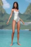 Placeholder: woman, skinny, flat chest, hicut silver onepiece swimsuit, photorealistic, similar hanalei reponty, blond