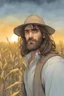 Placeholder: Youthful Wizard with brown hair and short brown beard in a cornfield. Corn cobs. A soft-focus image of the golden sunrise casting a warm glow, create in inkwash and watercolor, in the comic book art style of Mike Mignola, Bill Sienkiewicz and Jean Giraud Moebius, highly detailed, gritty textures,
