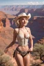 Placeholder: And there it is, a fantastical realm where Marilyn Monroe, transformed into a cowgirl, takes center stage. She stands with a blend of sensuality and strength, her radiant beauty accentuated by the boldness of her bikini. But what surrounds her? The Grand Canyon. This is a realm where the natural wonders of the world merge with the fantastical. The majestic cliffs rise high, their vibrant colors painting a breathtaking backdrop against the clear blue sky. Marilyn Monroe, the iconic cowgirl, remai