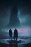 Placeholder: two men stand infront of a distant island, darkness, curse, mysterious, ominous, sci-fi, 4k