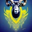 Placeholder: A bighorn sheep ram warrior full blue and yellow body armor with fierce and wild look, highly detailed, digital art, sharp focus, trending on art station, standing on all fours with one hoof on an american football, field of grass, background mountain peaks sunset sky of blue and yellow, design by charlie bowater, ross tran, artgerm, and makoto shinkai, detailed, colors #003594 #FFA300 #FF8200 #FFD100 throughout