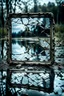 Placeholder: A broken piece of glass old vintage mirror, reflecting its surroundings on the water's surface. The damaged glass creates an interesting visual effect and captures the attention of the viewer, dramatic , weird, thriller, high detalied, realistic