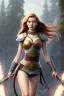 Placeholder: concept illustration, super-detailed, strikingly beautiful teen female, 16 years old, waifu, long ginger hair, medium freckles, full lips, full body, full face, b-cup breasts, athletic, centred camera, ignore NSFW, skimpy brown fantasy leather armor, halter top, micro thong, knee-high leather boots, open leather tasset, stern expression,