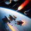 Placeholder: chris foss painting of a space battle collision explosion in orbit