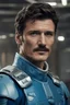 Placeholder: The actor Pedro Pascal in a blue sci fi uniform and freshly shaved