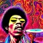 Placeholder: a realistic picture of Jimi Hendrix at a turntable with headphones on being a DJ, vivid color, with sunglasses, psychedelic trippy art, with UFOs in the background