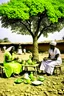 Placeholder: Sudan, destroyed city, women serving tea under tree