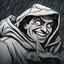 Placeholder: a closeup of a psychopathic young man with white eyes in a heavy coat and hood during a rainstorm laughing cartoon