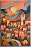 Placeholder: paper art, the scream style, colors of a storm of emotions and especially fuuz peach, sunset in fuzz peach colors, above rural houses in an old European style atmosphere, colors of a storm of emotions and especially fuuz peach. cubism style