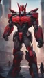Placeholder: A close picture to Mix between transformers and batman in solo leveling shadow art style with red details detailsis in fantasy world