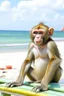 Placeholder: Show me monkey, which is on the beach and drink beer