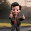 Placeholder: wide view young Fonz with black hair greaser figure doll (thumbs-up) (face) Forehead grin, fonzarelli, ((arnold's drive-in)) fonzie