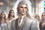 Placeholder: Charismatic, attractive, tanned young man -a prince with long, white hair as snow, grey eyes, smirk, sexy, long hair, looking at viewer standing out amongst noble guests in ball gowns at a gala wearing his silvery clothes in light fabric. Wearing earrings and subtle makeup, and a simplistic crown of silver. Fantasy, Victorian style clothes