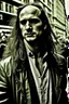 Placeholder: A stalker wants an autograph from a long-haired rock musician on a street in central London. The stalker is an overweight soon bald 25-year-old and looks a bit slimy, the atmosphere is oppressive and unpleasant, lot of traffic and london busses, hectic hour, a nice hotel, fog and rain