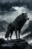 Placeholder: a big dark wolf in storm and rain stands on the big grey-black rock, a kingdom and forest siluette in the background