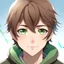 Placeholder: A teenage boy, thick soft brown hair, green eyes with slight flecks of blue and brown, boyish face, pale skin with light brown freckles dusting his nose and cheeks, anime style, looking into camera, front facing,